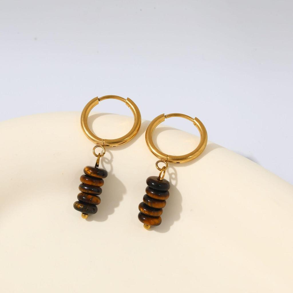 European Stainless Steel Earrings with Colorful Natural Stone Pendant - Women's Fashion Niche Design