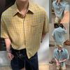 Męskie Koszule Kratka Vintage Klapy Casualowe Krótki Rękaw Streetwear Koreańskie Luźne Top Codzienny Retro Bluzka