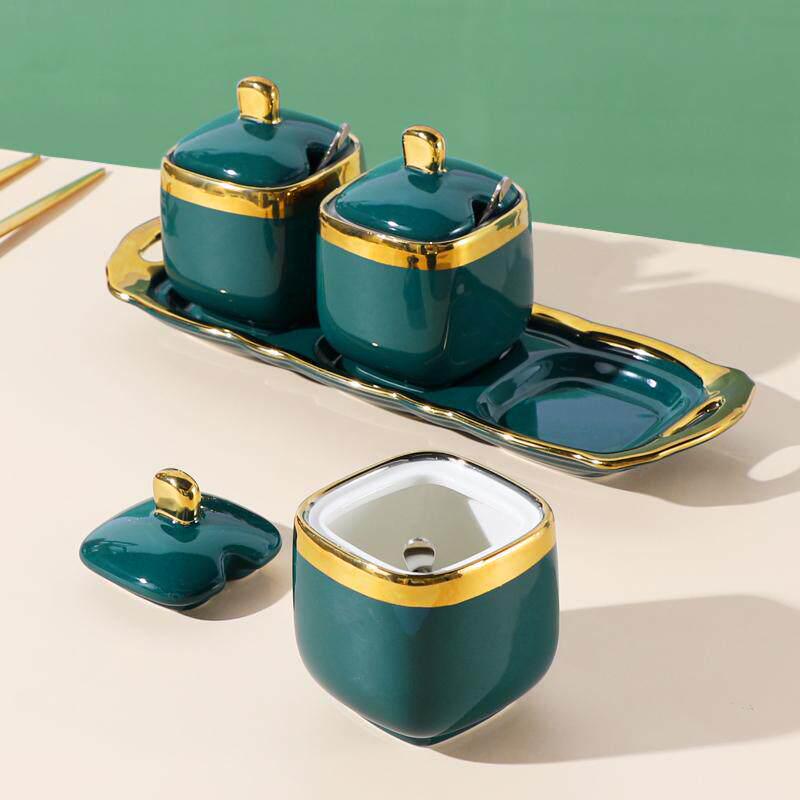 Nordic Style Ceramic Seasoning Jar Set with Gold-Edged Lids: Includes Salt Shaker & MSG Can.
