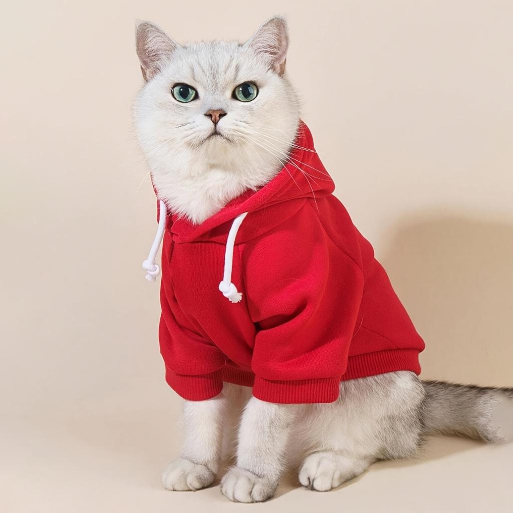 1pc Cozy Red Polyester Hoodie for Cats and Dogs - All-Season Casual Pet Sweatshirt with Drawstrings, Indoor/Outdoor Comfort