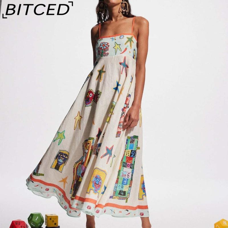 BITCED Spring/Summer Casual Maxi Dress for Women Spaghetti Strap Printed Linen 9 Colors Full-Skirted Dress