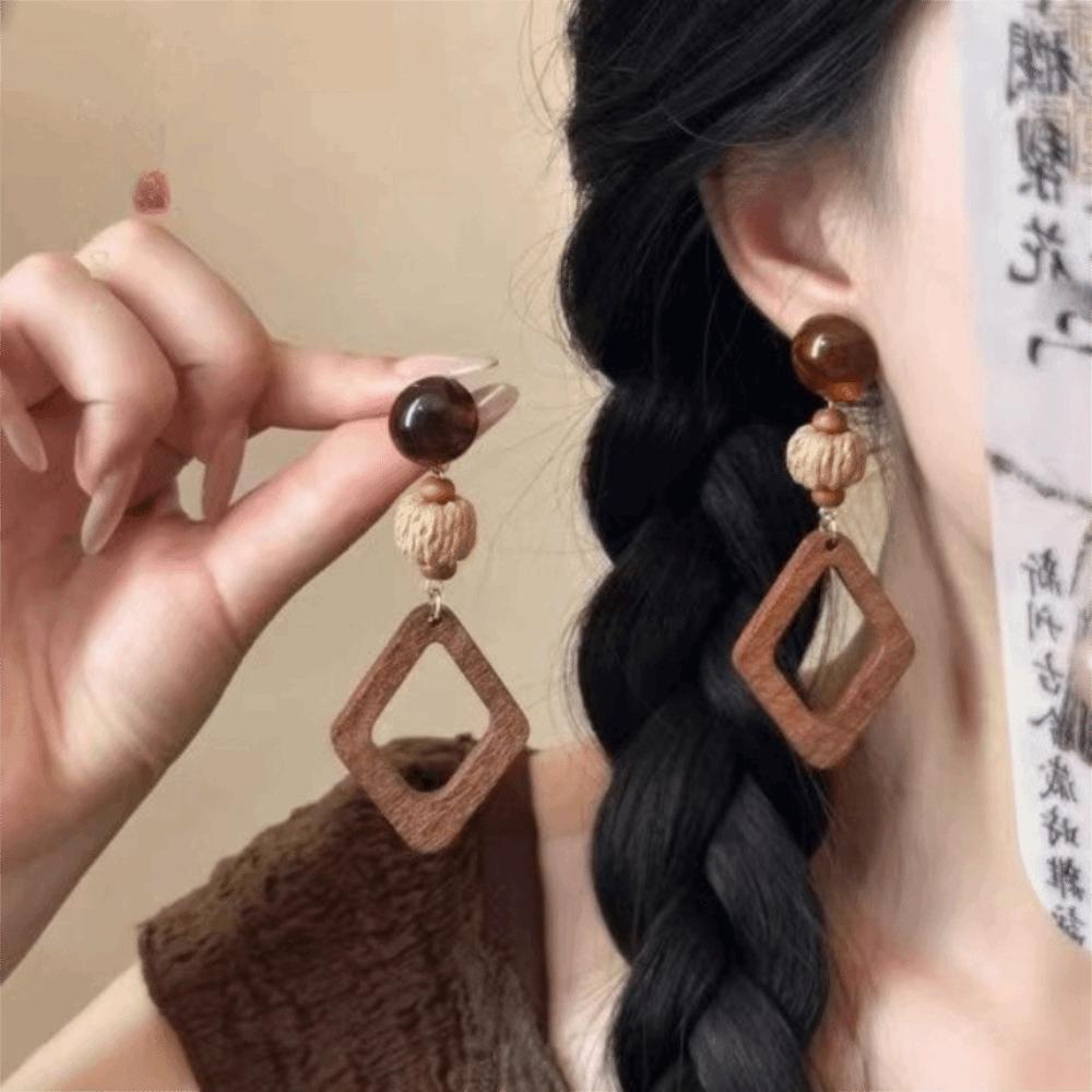 Brown Wooden Drop Earrings Flower Beads Dangle Earrings New Woven Tassel Earrings Beach