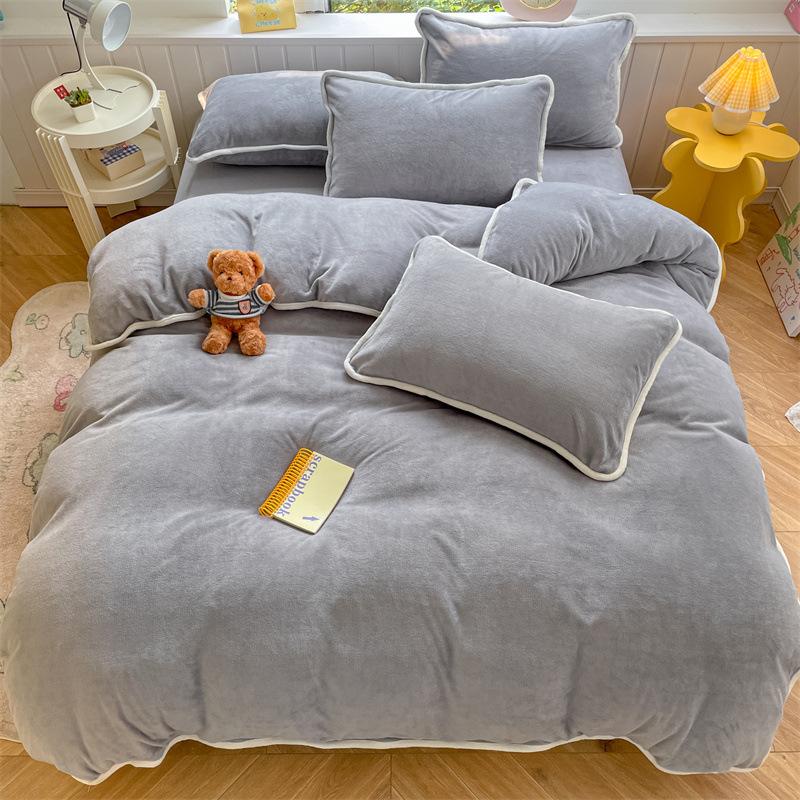 Crem dublu culoare solidă, catifea de lapte, cu tivită mare, cearșaf de pat din patru piese, husă de pilota set de trei piese lenjerie de pat husă de pilota