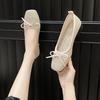 Fashion Breathable Hollow Mesh Flat Bottom Square Head Single Shoes Women's Flat Heel Soft Sole Bow Cool Single Shoes Spring and Summer