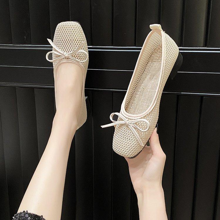 Fashion breathable hollow mesh flat bottom square head single shoes women's flat heel soft sole bow cool single shoes spring and summer