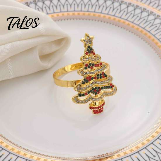 Winter Holiday Tableware Christmas Tree Napkin Ring, Alloy Rhinestone Holder, Home Kitchen Table Accessories Band for Dinner Parties Decoration