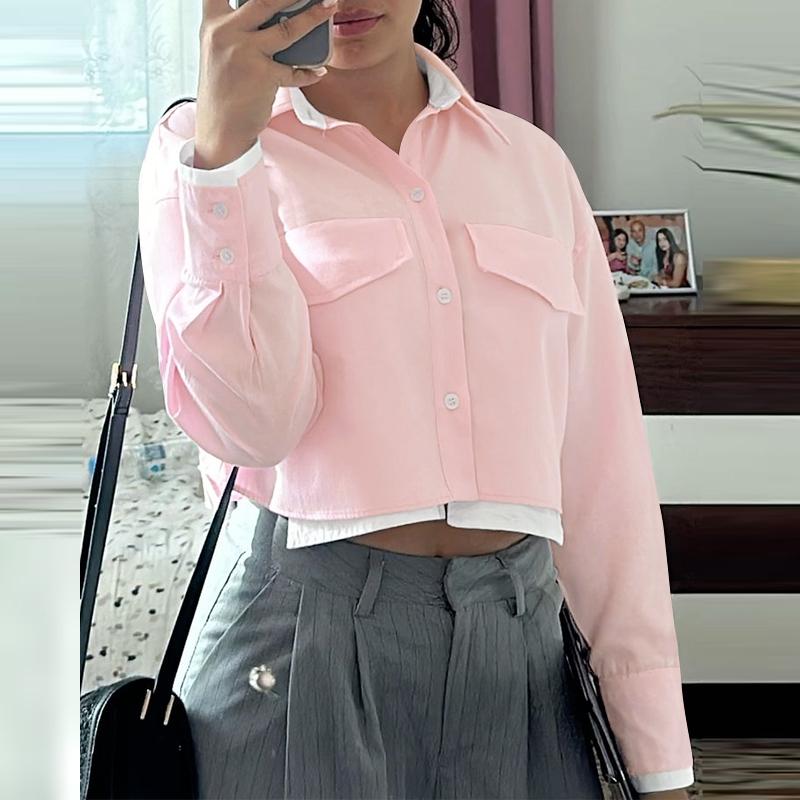 ZANZEA Women Casual Fake Two Piece Solid Color Long Sleeve Shirts