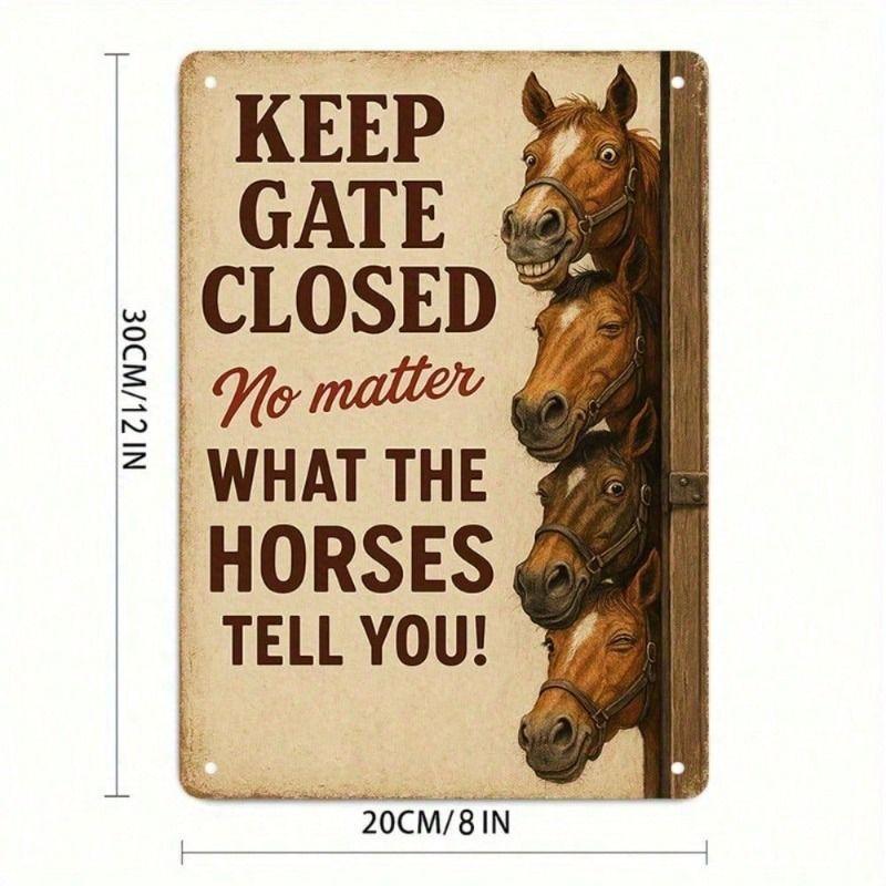 Vintage Farmhouse Horse Sign Metal Wall Decor, Keep Gate Closed Poster for Living Room