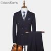 Terno Listrado Masculino de Abotoadura Dupla Estilo Coreano Slim Fit - Casual Casamento Noivo Três Peças