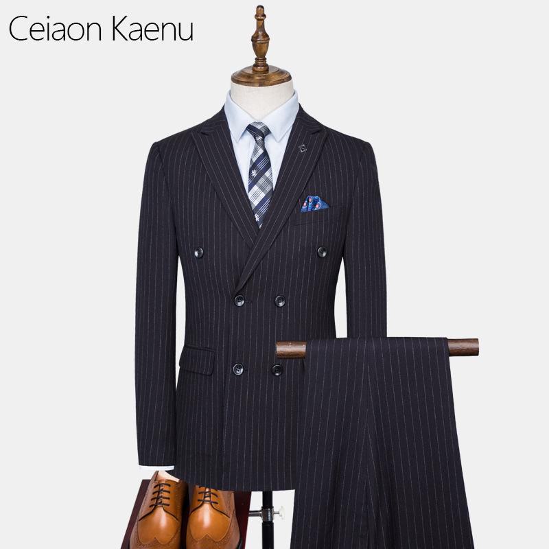 Terno Listrado Masculino de Abotoadura Dupla Estilo Coreano Slim Fit - Casual Casamento Noivo Três Peças