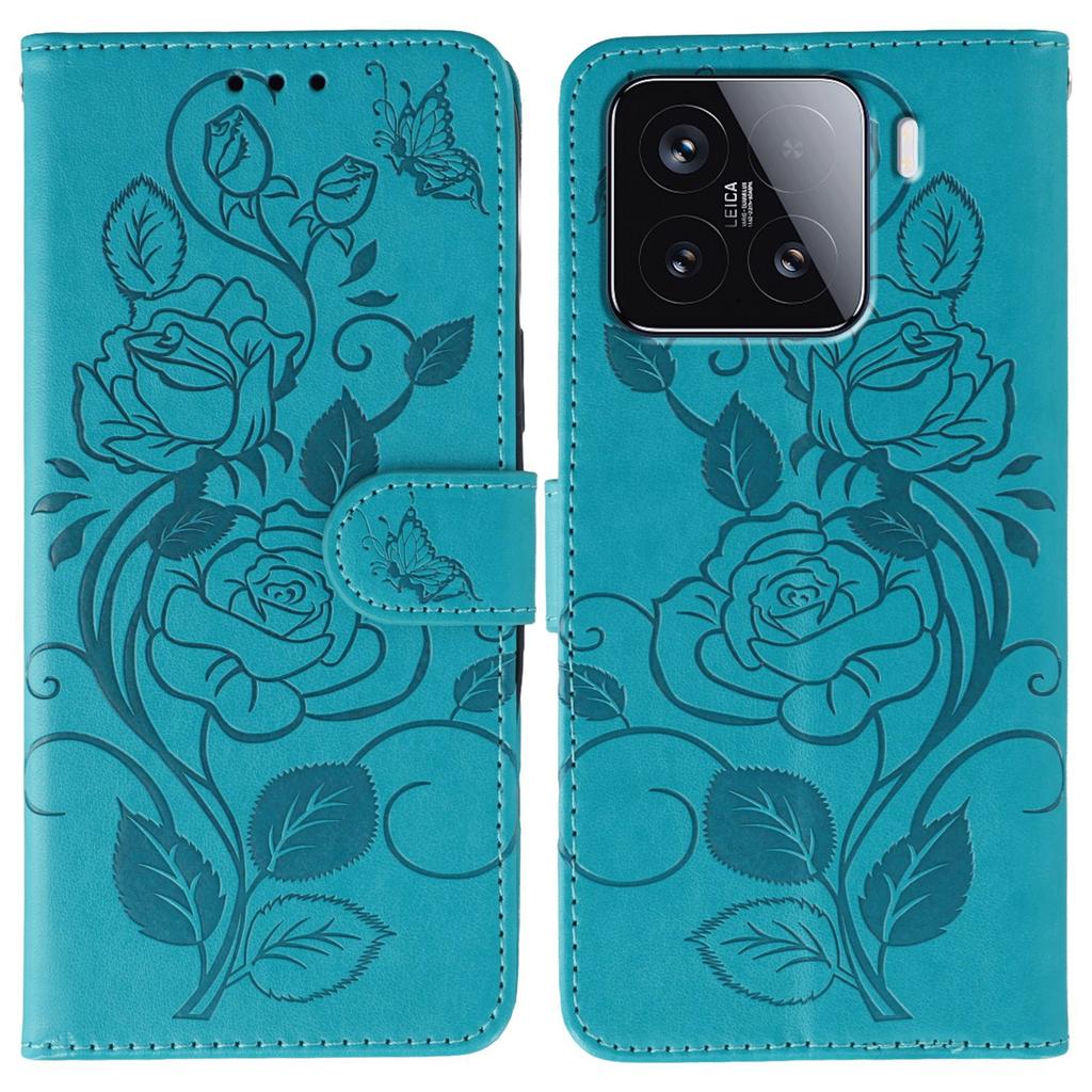 For Xiaomi 15 Case Wallet Stand Imprinted Rose Butterfly PU Leather Phone Cover