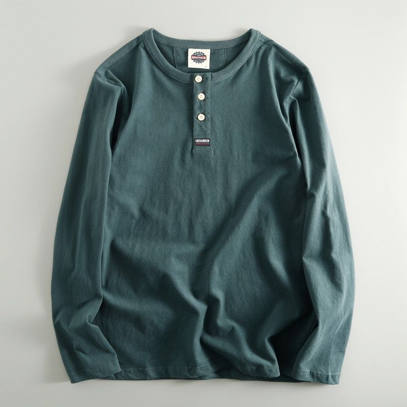 Trendy Close-Fitting Soft Glutinous Three-Grain Buckle Long Sleeves Men T-Shirt Dark green L