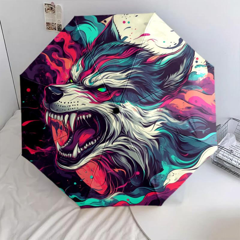 Roaring Wolf  Pattern, Automatic Folding Umbrella, Portable and Foldable Design, 8 Ribs, a Christmas or Birthday Gift.