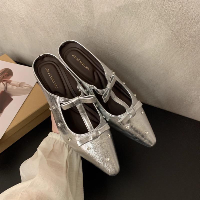 Fashion Gentle Fairy Half Slippers 2025 New Spring Elegance High Quality Casual and Comfortable Bow Pointy Square Slippers