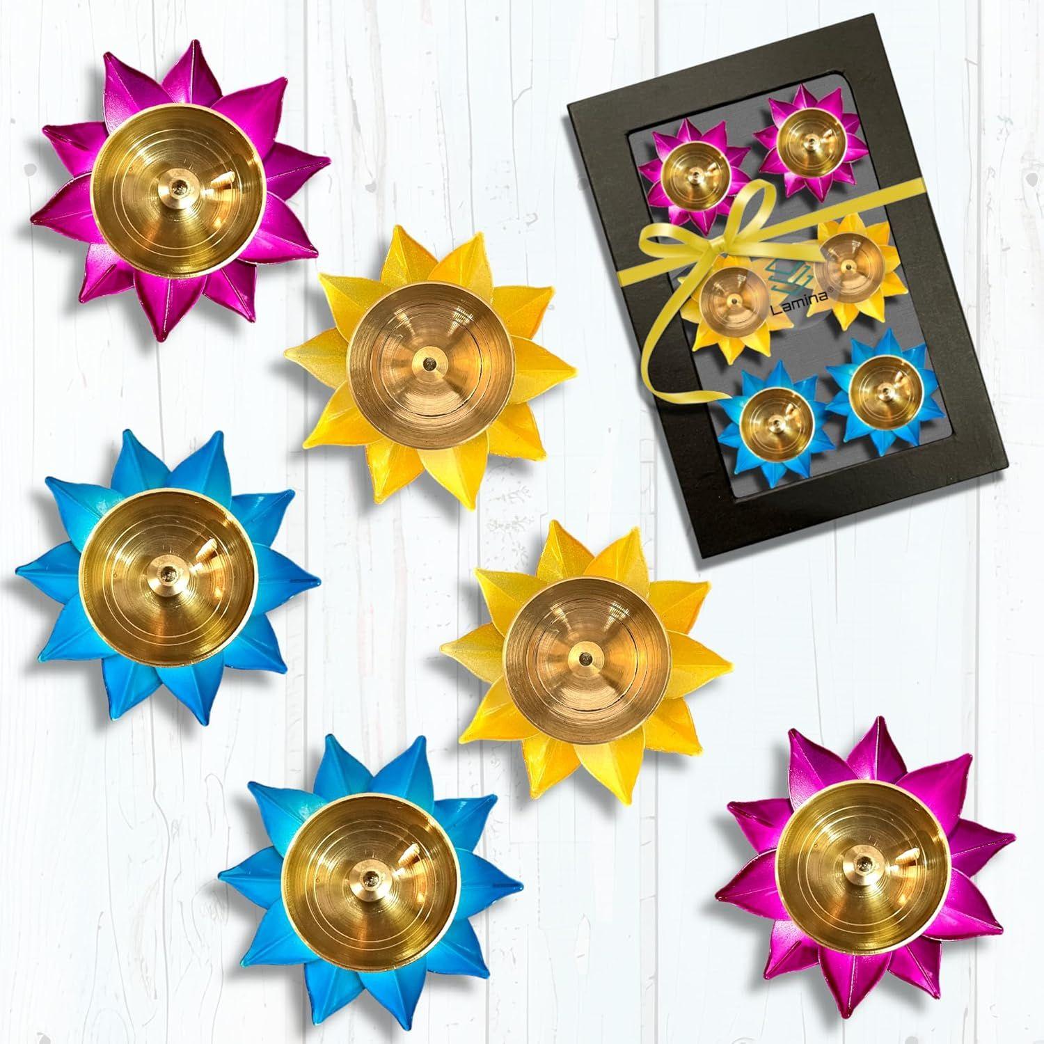 

Set of 1BOX Lotus Shaped Small Brass Diya for Puja (6Diyas 3inch Multicolor Petals) Center Wick Holder Pital Akhand Deep Vilakku for Home Décor,