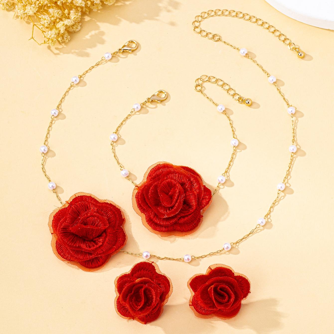 

Women s Jewelry Set: Elegant Fabric Flower Imitation Pearl Necklace, Bracelet, and Earrings in Bohemian Style, Suitable for Daily Wear and Vacation красный