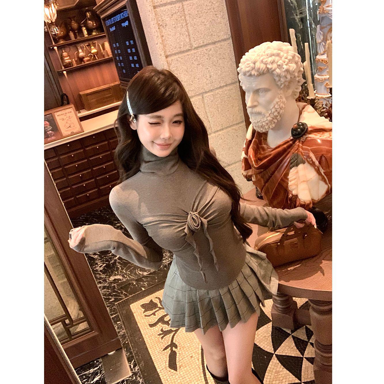 

Women s Modal 1.1 High Neck Pleated Floral Long Sleeve Slimming T-shirt for Autumn/Winter Large темно-серого