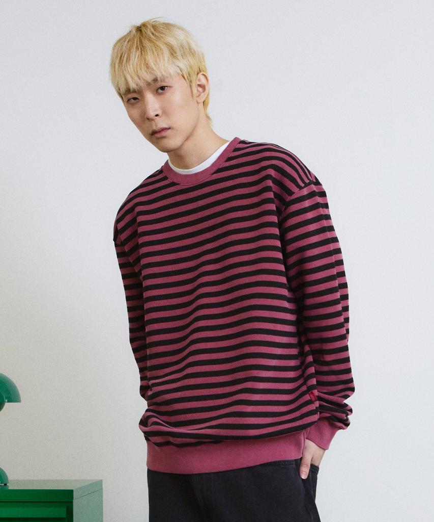 ADERNM Pigment Dyed Stripe Line Sweatshirt (Burgundy)