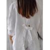New Women Cotton Linen Shirts Elegant Back Bow Lace Up Solid Casual Shirt Spring Summer Lapel Half Sleeve Blouse Loose Tops