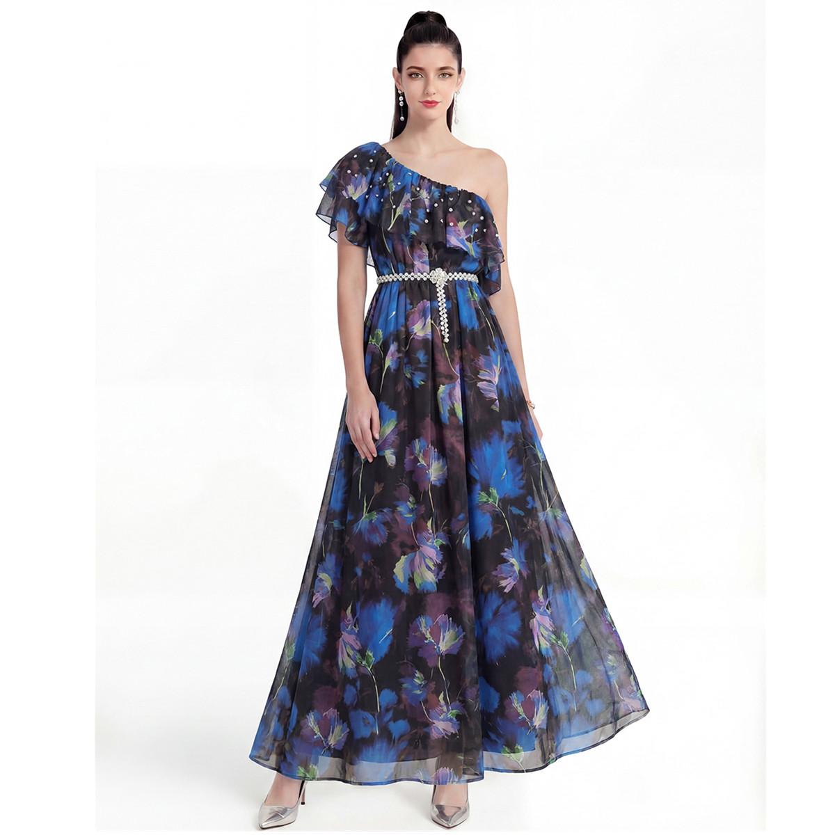 

Elegant Summer Short-Sleeve Floral Dresses for Women Bohemian Vacation Styles Off Shoulder Beaded Loose Plus Sizes Maxi Dress with Belt M синий
