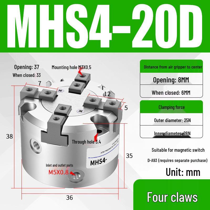 Pneumatic Gripper with Dual, Triple, and Quad Jaw Options: MHS2/3/4-16D/25D/40D/50/63D Clamping Cylinder