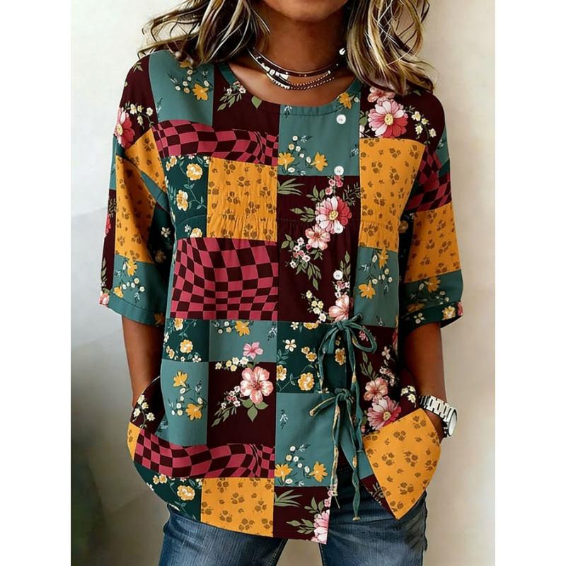Women's Spring Summer 3D Printed Button Front Drawstring Loose Art Blouse, Blue Pink Yellow Color Vertical Line Square Print Top