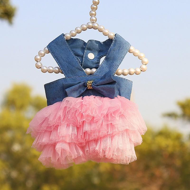 Dog Dress Girls Summer Clothes for Dogs Cat with Bowknot Clips Lace Striped Pet Suspenders Puppy Princess Dresses Dog Tutu Skirt