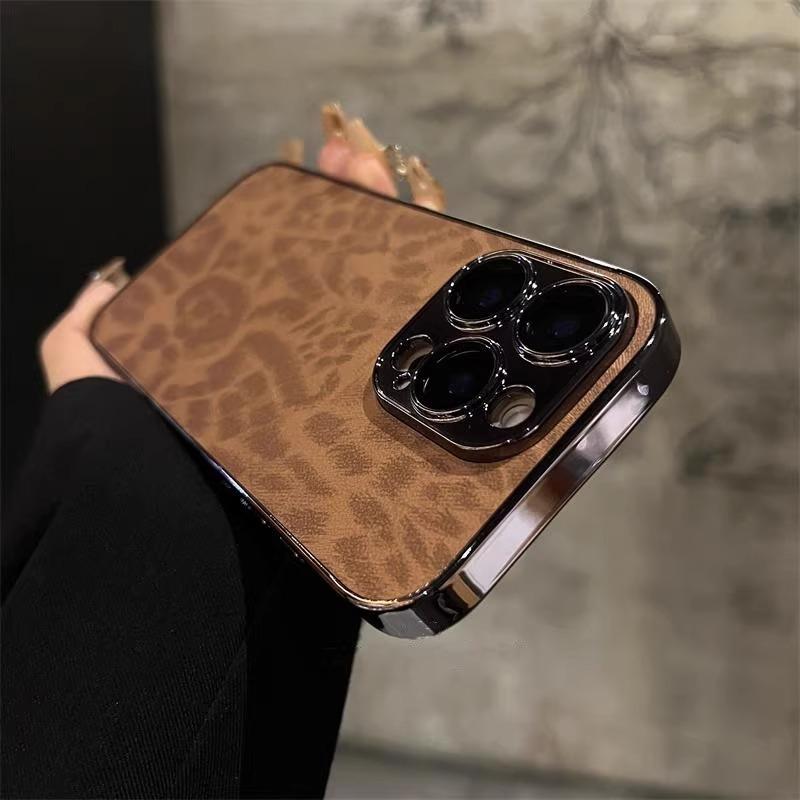 Applicable To Apple IPhone16Promax Leather Electroplating Full Inclusive Mobile Phone Case 15P Leopard Print Ins Comes with Lens Film