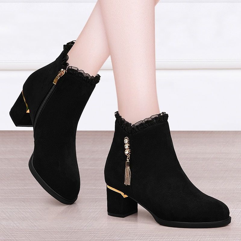 Fleece-Lined Booties Black Autumn Winter Female Short Shoes Elegant with Medium Heels Women's Ankle Boots Rhinestone Boot Sale