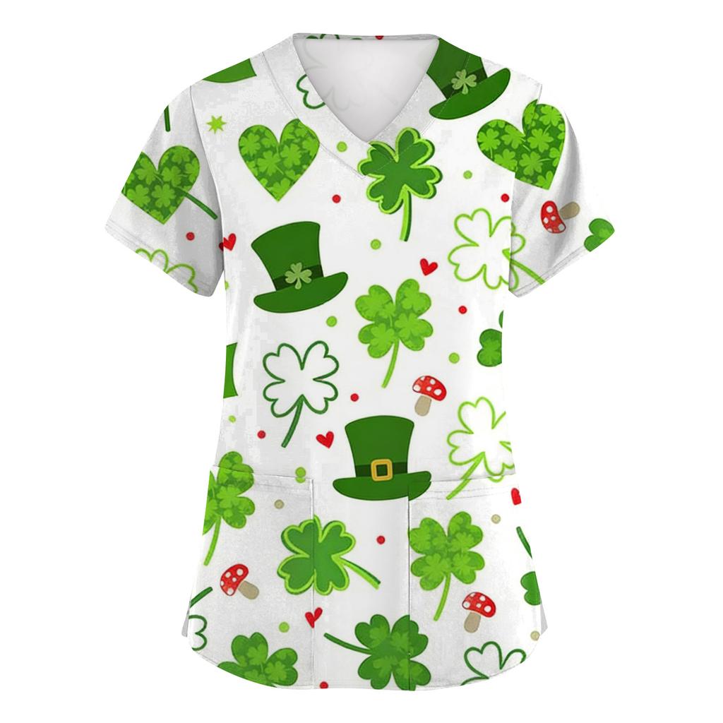 Women's Fashion Short-Sleeve Sleeve St. Patrick's Day Print V-Neck Pocket Workwear Top