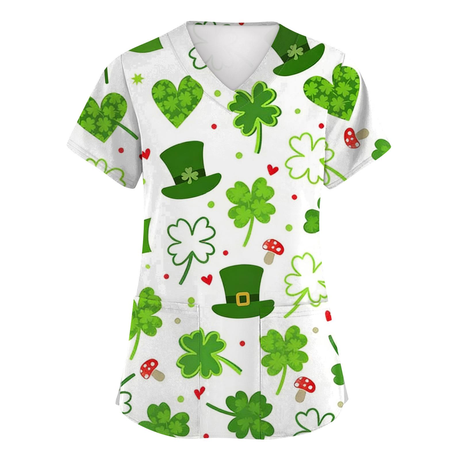 

Women s Fashion Short-Sleeve Sleeve St. Patrick s Day Print V-Neck Pocket Workwear Top S білий