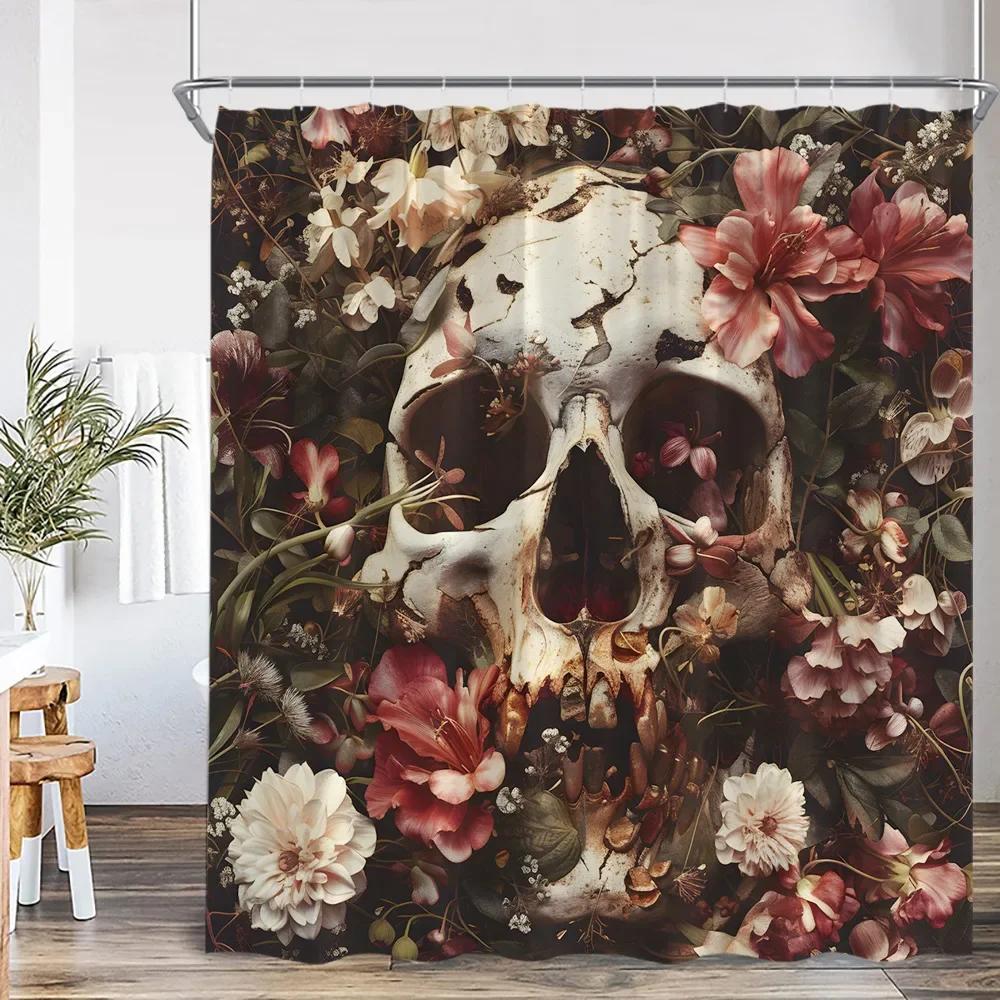 Funny Floral Skull Shower Curtain Bathroom Decoration Happy Halloween Polyester Shower Curtain with Hook