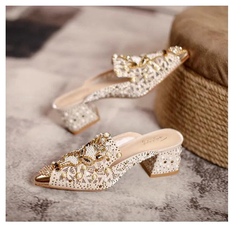 High End Summer Women Shoes High Heels Sandals Hollow Bling Pearl Rhinestone Fox Slipper Beautiful Street Trend Pumps