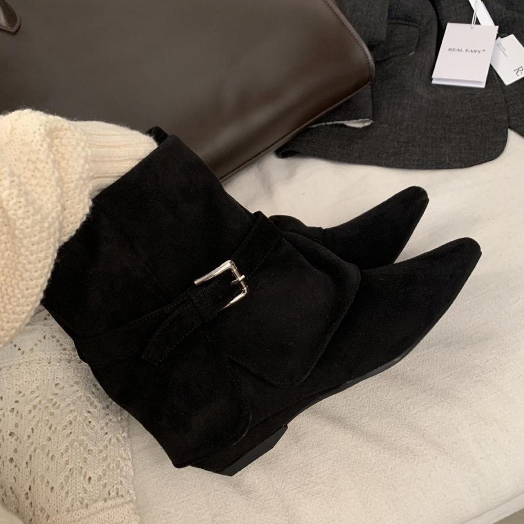 Fall 2025 new pointed toe thick heel mid-heel short pleated pile boots for women's wear with belt buckles and low-heeled boots