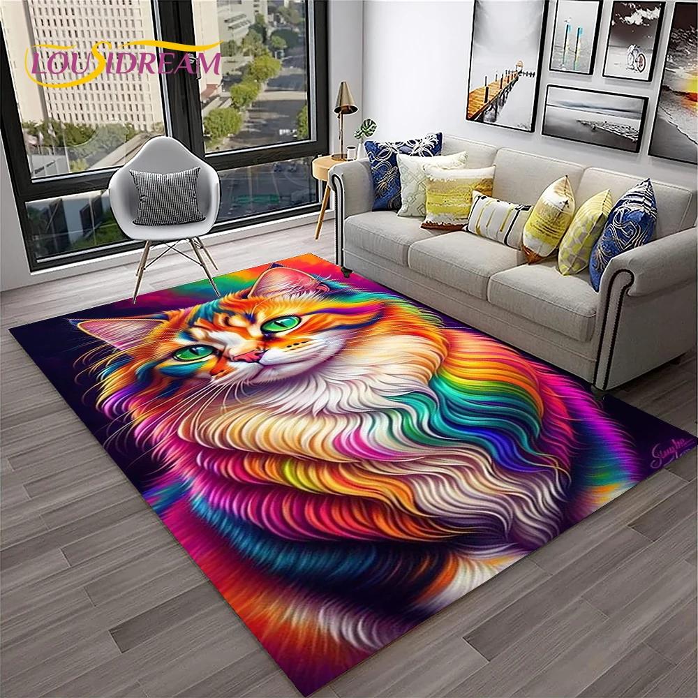 Covor de Cameră Drăguț cu Pisică și Flori Stil Desen Animat Pastoral pentru Casă Sufragerie Dormitor Canapea Preș de Intrare Decor, Covor pentru Joacă Copii Covor de Podea