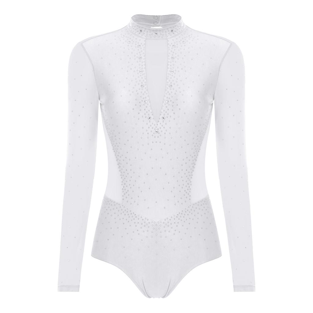 Dame Gymnastikk Kunstløp Drakter Langermet Gjennomsiktig Mesh Glitrende Rhinestone Bodysuit