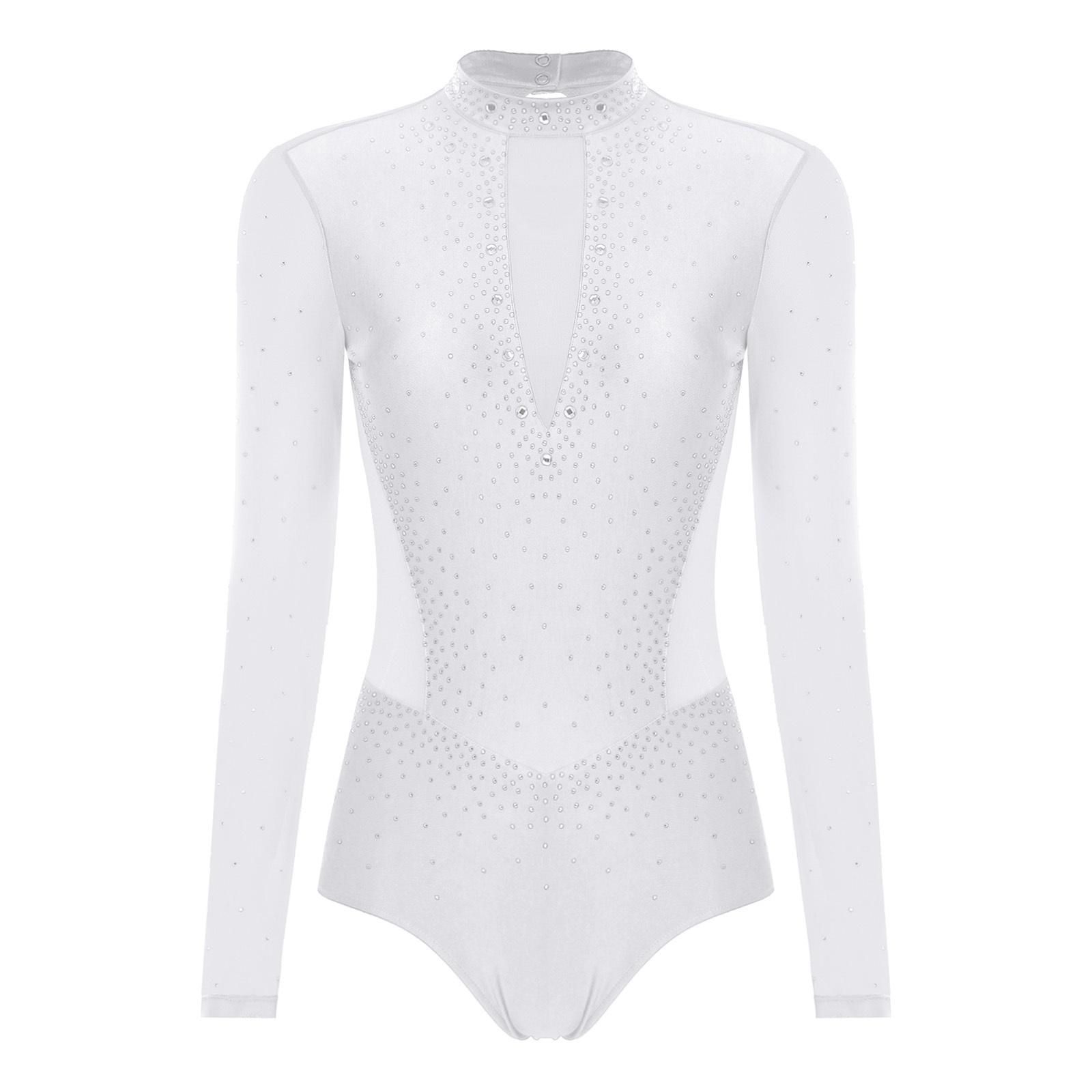 

Жіночий гімнастичний купальник для фігурного катання з довгим рукавом, з прозорої сітки, з блискітками та стразами S білий