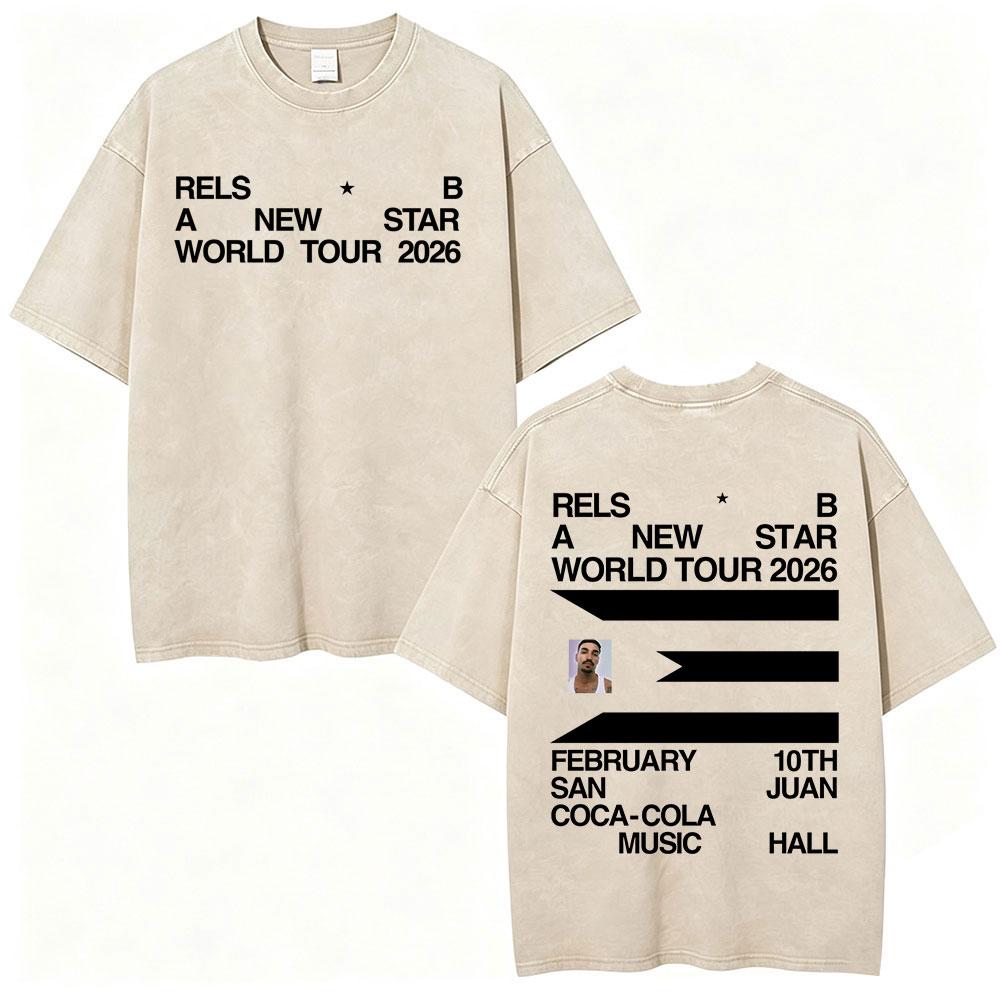 Rapper Rels B A New Star World Tour 2026 Vintage Washed Tshirts Mens Women Clothing Fashion Hip Hop ONeck T Shirts Streetwear