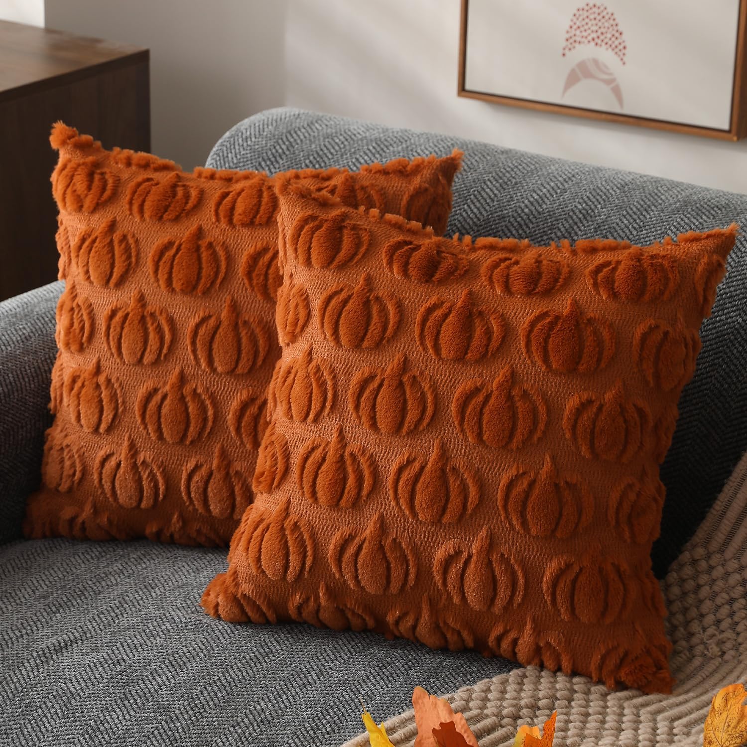 Pillow Covers Set of 2 Fall Decorations Autumn Rust Pumpkin PillowCases Soft Plush Wool Couch Cushion Case for Chair Sofa Bedroom Home Decor 45*45cm  (Pack of 2)