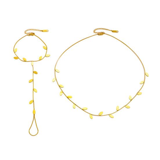 Jewelry Set French Style Leaf Design Adjustable Length Stainless Steel Necklace Mitt Bracelet Forest Theme Jewelry Accessories