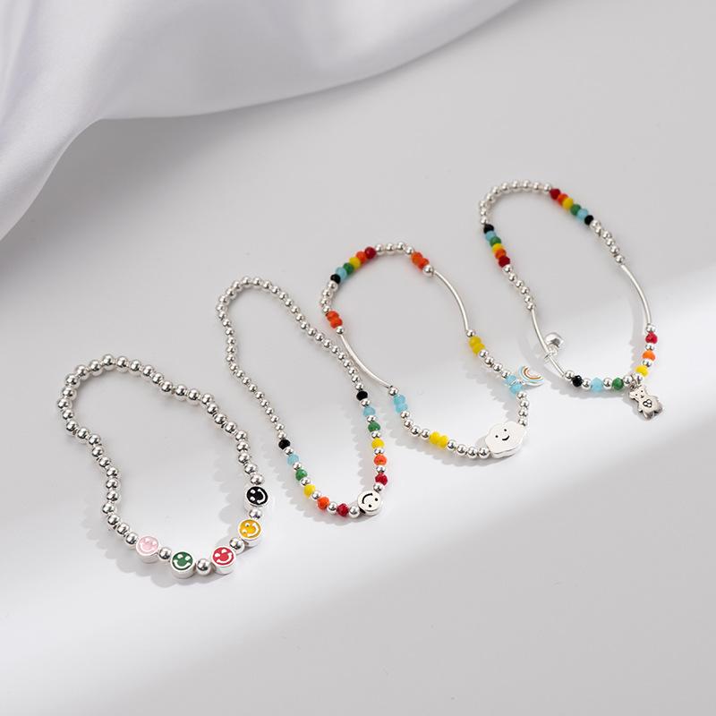 S925 Silver Rainbow Beaded Bracelet for Girls Summer Ins Niche Design Colorful Bear Smiley Hand Jewelry