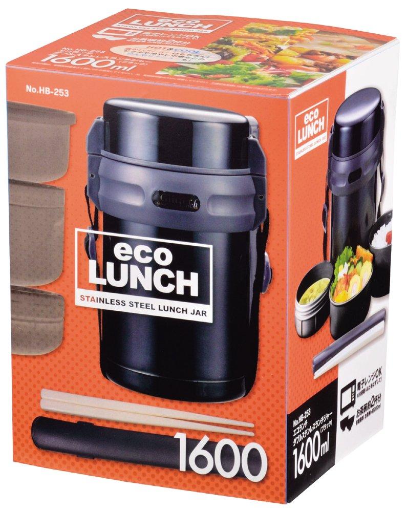 Pearl Metal Insulated Lunch Box, Holds Approximately 2 Rice Bowls, Double Stainless Steel Lunch Jar, 1600ml, Black, Eco Lunch HB-253