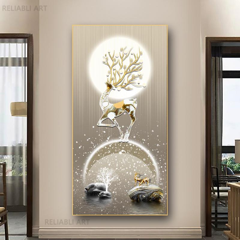 New Chinese Fengshui Golden Deer Canvas Painting Abstract Zen Stone Posters and Prints Modern Luxury Wall Art for Porch Decor