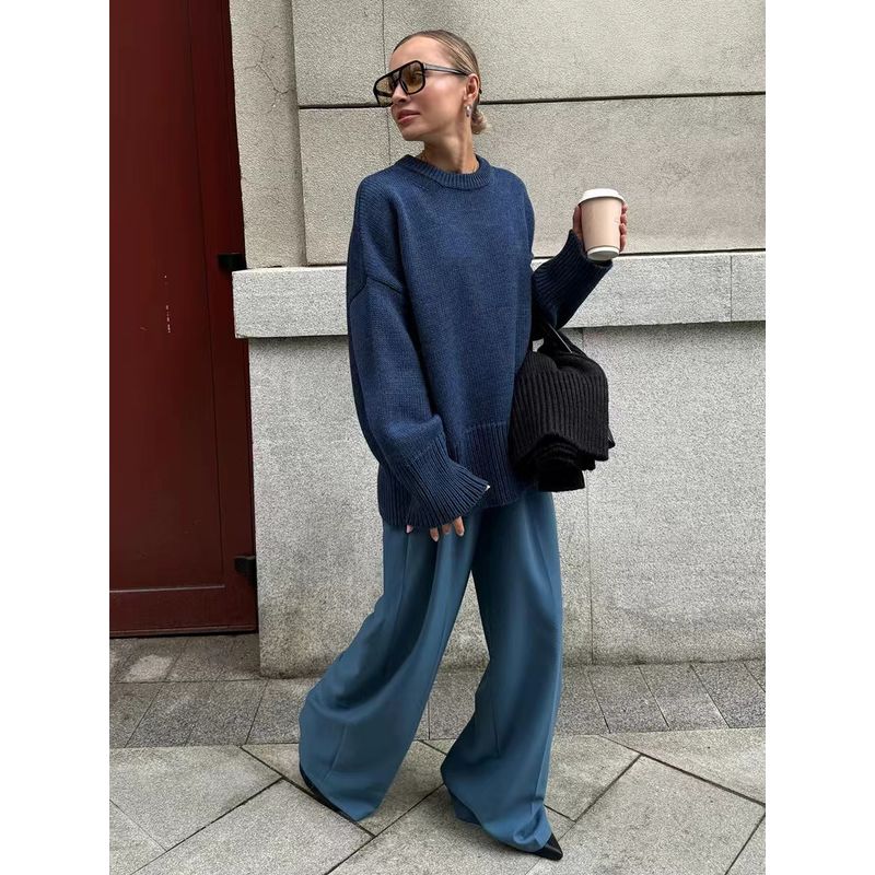 

Осенне-зимний однотонный универсальный повседневный вязаный свитер с круглым вырезом Navy blue S