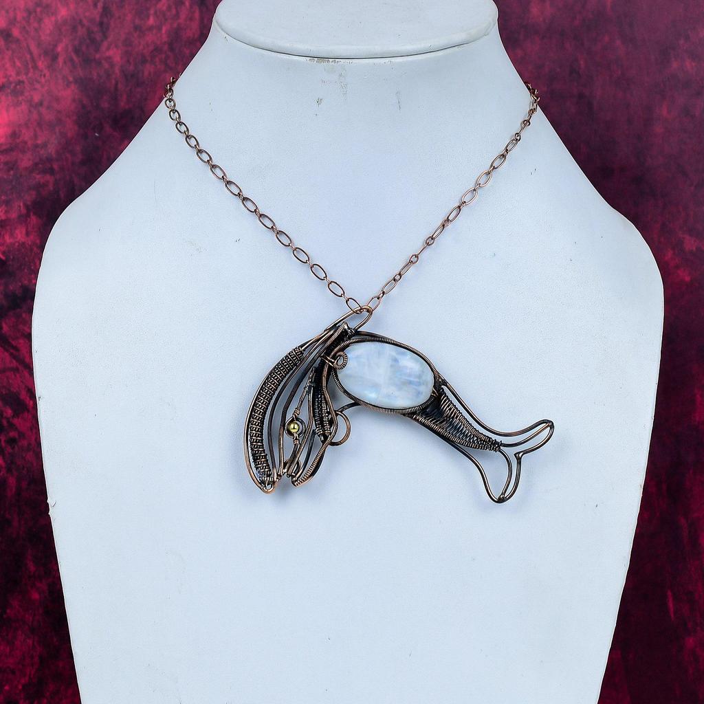 Rainbow Moonstone Pendant Fish Design Pendant Copper Wire Wrap Gemstone Jewelry