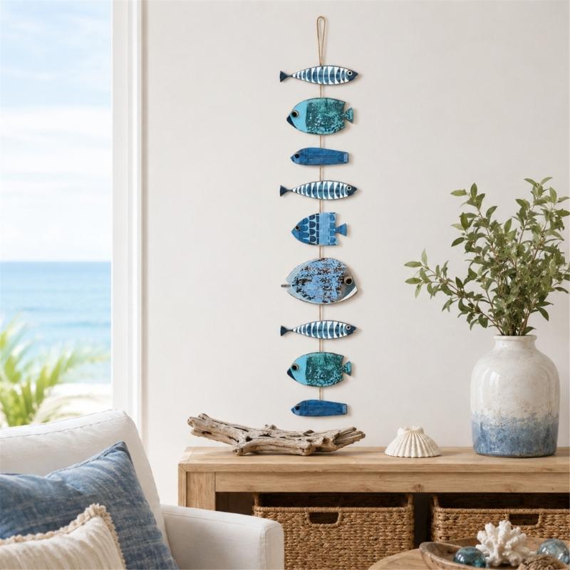 Fish Wall Hanging Sign Coastal Decors, Painted Wood Accent Sculpture with Distressed Finish for Bedroom Entryway Living Room