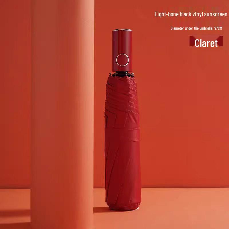 Vollautomatischer dreifach faltbarer UV-Schutz-Schirm mit schwarzem Kleber und Logo für Regen oder Sonne