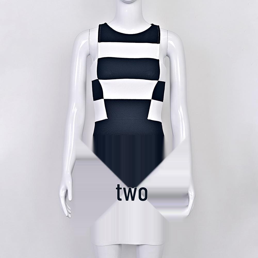 Chic Black and White Geometric Striped Mini Bandage Dress - Waist-Cinching, Hip-Hugging for Dates, Parties, and Fashion Shows.