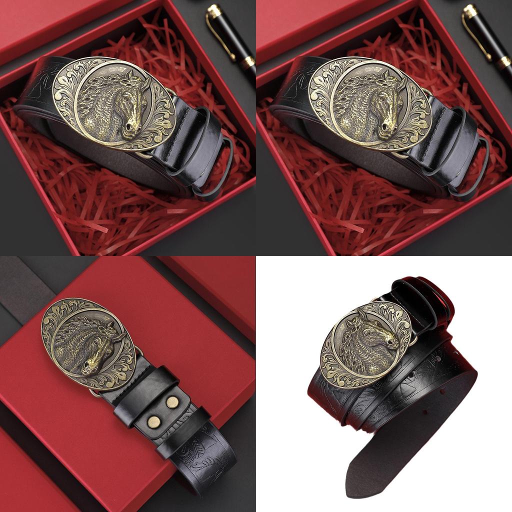 Men's Horse Head Belt Twelve Zodiac Trendy Fashion New Casual Versatile Men's Belt Automatic Buckle Waist Seal Pu Leather Alloy Buckle