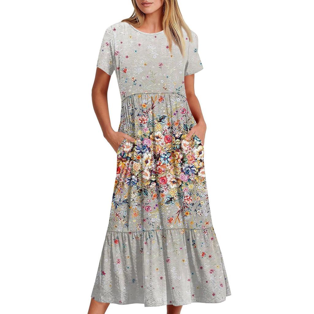 Short Sleeve Boho Dress For Women Casual Loose Fit Summer Sundress Floral Print Dress With Pockets